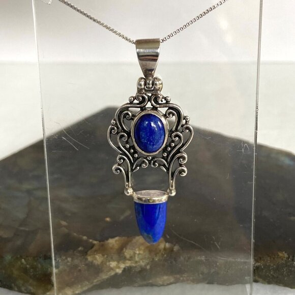 Sterling Silver 925 Lapis Lazuli Scrollwork 2 Stone Pendant Necklace 18" Chain - Picture 6 of 16